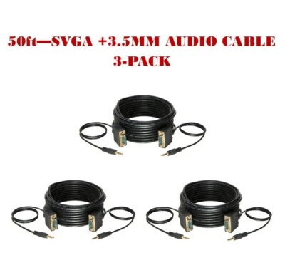 3-Pack - 50FT SVGA M/M + 3.5mm Aux Audio Cable Jack for Monitor, PC, Project TV - Image 1 of 4