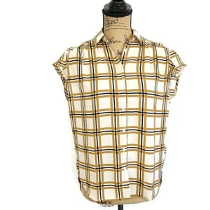 Loft Womens sz XS Top White Tan Plaid Button Up Cap Sleeve Collared Blouse - Picture 1 of 4