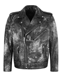 BRANDO Men's Vintage Distressed White Black Rustic BIKER GENUINE Leather Jacket - Picture 1 of 5