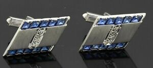 Lucien Piccard heavy 14K WG 5.12CTW VS1/F diamond & Blue sapphire cufflinks