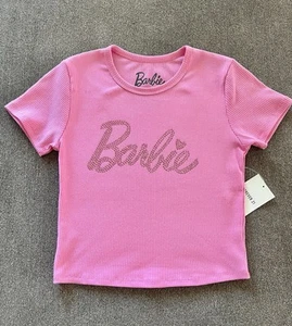~SOLD OUT~ Rare BARBIE Pink Rhinestone Ribbed Baby tee Official License Small - Picture 1 of 7