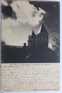 Michigan MI University Ann Arbor Library Moonlight Postcard Old Vintage Card PC - Picture 1 of 2