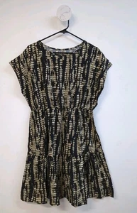 Womens Elegant Round Neck Short Sleeve Tie & Dye Midi Dress Size XL Black Beige - Picture 1 of 6