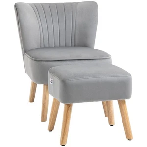 Silla acento terciopelo con asiento de bañera otomano acolchado patas de madera gris claro - Imagen 1 de 9