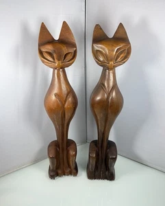 Vintage Paar 18 Zoll Mid Century Holz MCM Siamkatzen Holz geschnitzt Figur Skulpturen - Bild 1 von 20