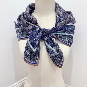 Vintage Oscar De La Renta Blue Brown Silver Metallic Geometric Silk Scarf 30” - Picture 1 of 15