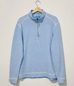 Tommy Bahama Mens Sweater L Cotton White Blue Striped Reversible Half Zip Logo - Picture 1 of 10