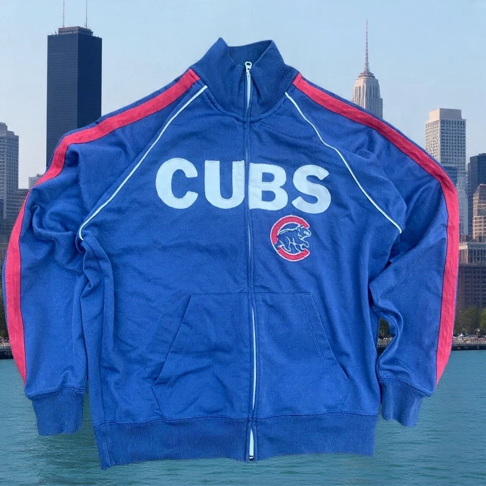 Chicago Cubs Majestic Athletic Men's Blue and Red Jacket Large - Image 1 of 4