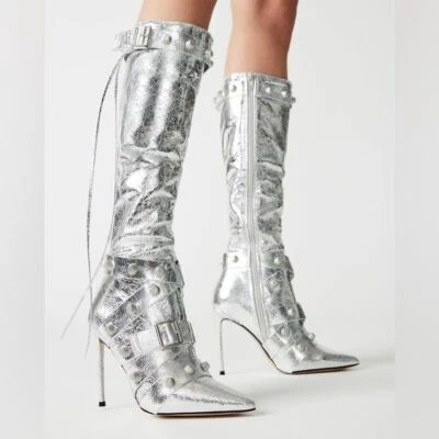 Botas hasta la rodilla con hebilla en punta para mujer tacón de aguja cremallera remaches moda talla Foto 1 de 4