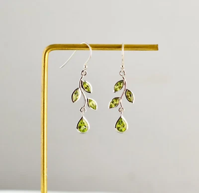 Leaf Peridot Earring Green Peridot August Birthstone 925 Sterling Silver MO** - Image 1 of 4