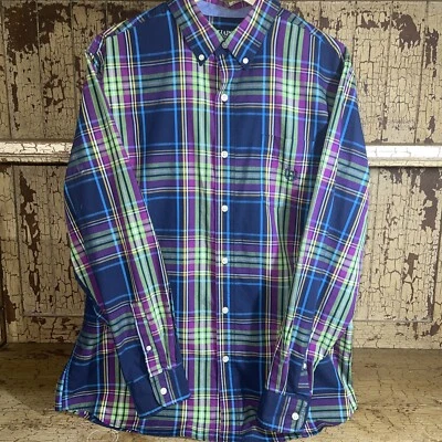 Camisa de vestir usada en excelente estado chaps para hombre L con botones ENVÍO GRATUITO púrpura azul verde mezcla a cuadros Foto 1 de 4