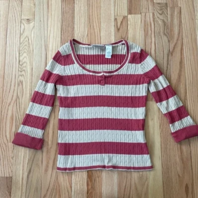 Suéter Y2K Liz Claiborne Henley Mujer Medio Rojo Beige Tejido con Cable Academia Foto 1 de 4