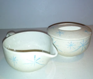 Vintage 1950's Royal China Blue Starburst Sugar Bowl & Creamer MCM - Picture 1 of 17