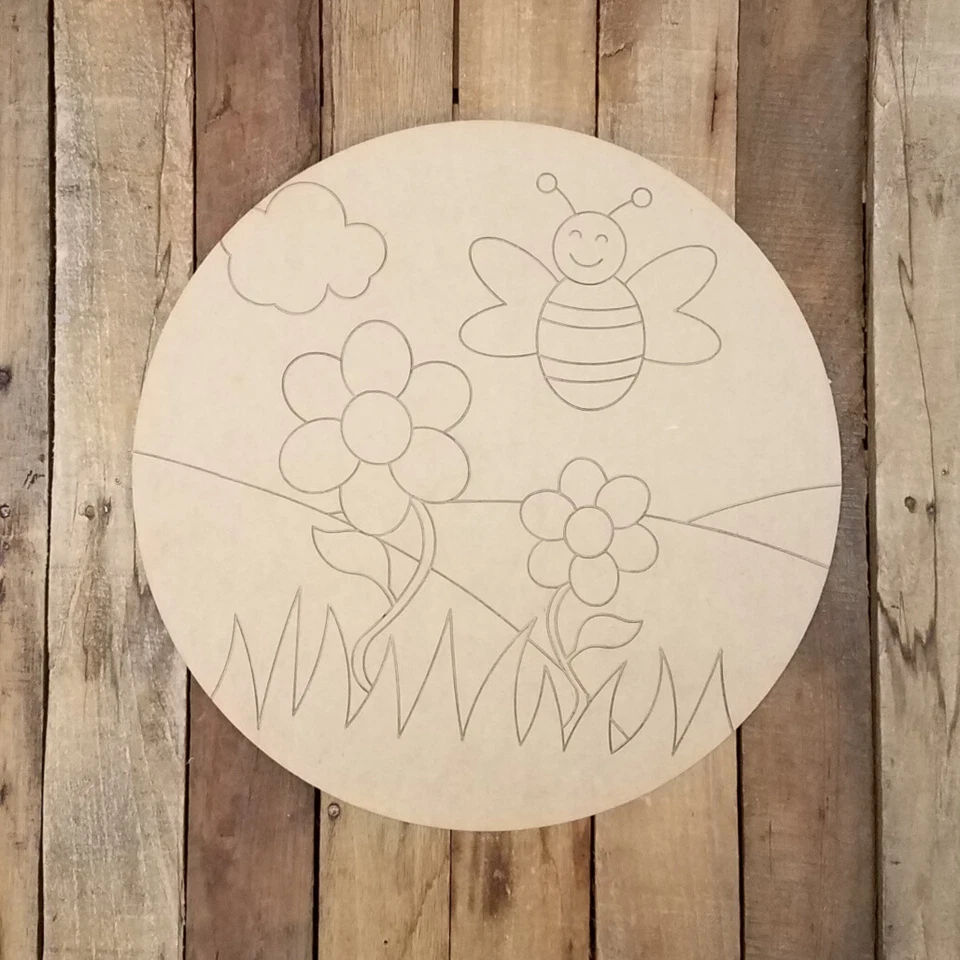 Happy Honey Bee Circle Plaque Wood Shape, Paint by Line, Spring Scene Art Craft - Image 1 of 1