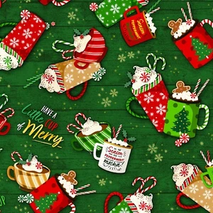 Hot Cocoa Fabric BTY, Noel Hot Cocoa, Green, Oasis Fabrics 595332, Cotton - Picture 1 of 1