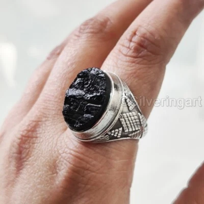 RAW BLACK TOURMALINE GEMSTONE 925 STERLING SILVER OTTOMAN ARABIC HEAVY MANS RING - Image 1 of 4