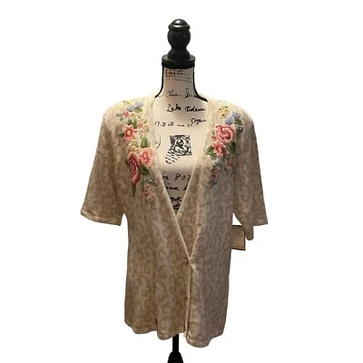 Susan Bristol Hand  Embroidered Cardigan Sweater Beige Floral Size Large NWT - Image 1 of 4