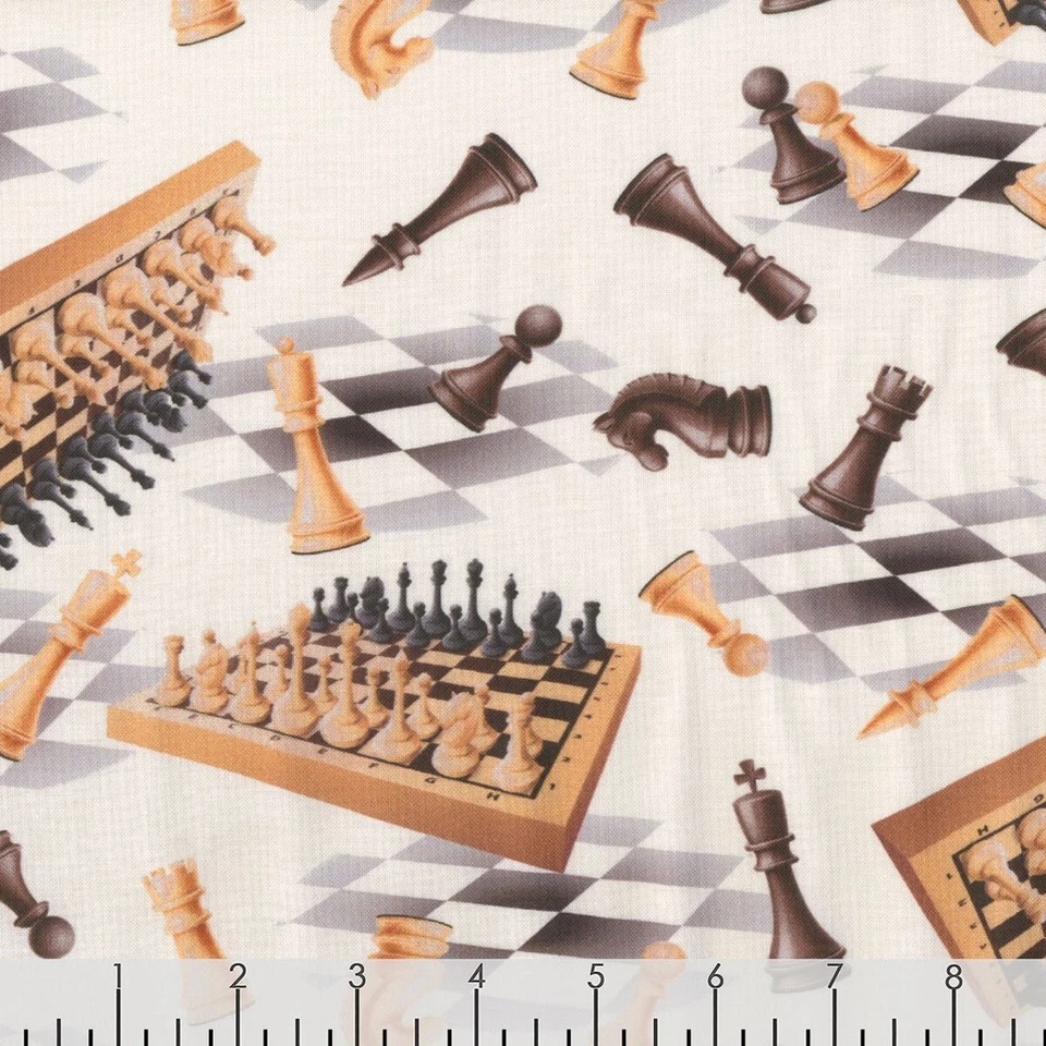 ROBERT KAUFMAN Fat Quarter Checkmate Chess Pieces Boards On White 100% Cotton Quilting Fabric