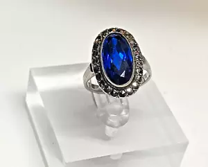 Sterling Silver 925 Ring Jewellery Marcasite Oval Blue Stone Size J1/2 - Picture 1 of 5