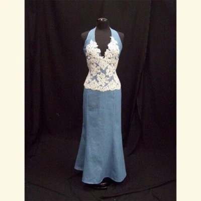 Denim and Lace Western Halter Corset and Skirt, Size 6 - Image 1 of 4