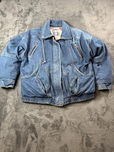 Vintage Denim Jacket Mens Large Current Seen Blue Quilted Goose Down Lined Coat - Picture 1 of 18