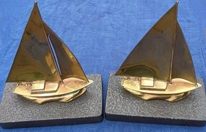 Vintage Solid Brass (Copper?) Sailboat Sculptures Set Of 2 MCM Heavy Bookends - Picture 1 of 9