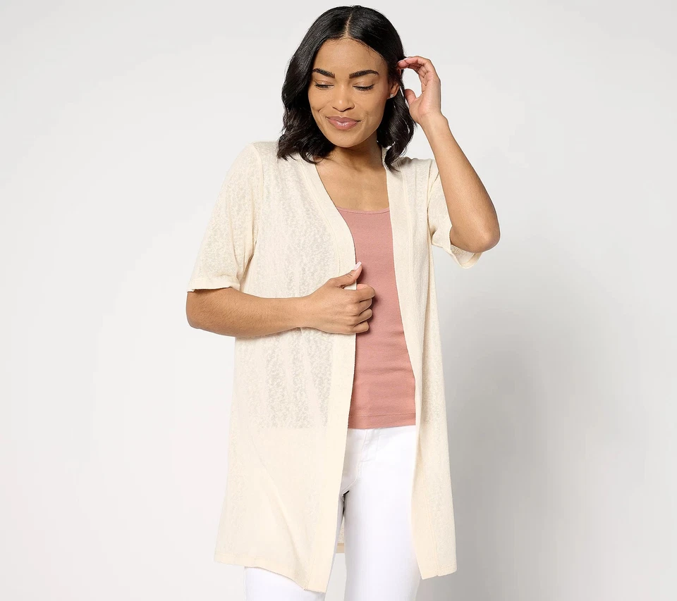 Denim & Co. Essentials Slub Knit Elbow Sleeve Cardigan Vanilla Cream L New - Image 1 of 1
