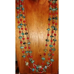 Vintage Southwestern Heishi Turquoise & Coral Necklace 28" - Picture 1 of 3