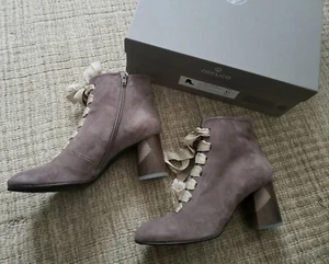 NEW Coclico Lydia Taupe Suede Lace Up Heeled Booties Size 37 - Picture 1 of 11
