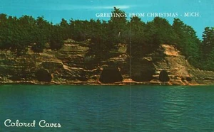 Farbige Höhlen Grüße aus Weihnachten Michigan Mi Wasser Vintage Postkarte - Bild 1 von 2