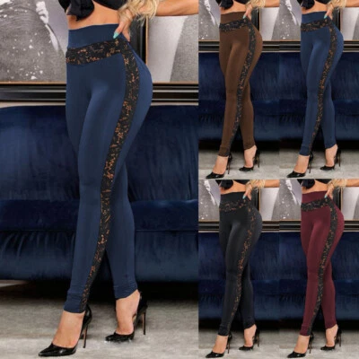 Womens HIGH WAIST Lace See Through Leggings Sexy Pants Sports Trousers SIZE 6-18 - Image 1 of 4