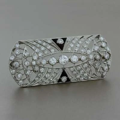 Simulated Black Onyx & White CZ Classic Art Deco Women Brooch Pin In 935 Silver - Image 1 of 4