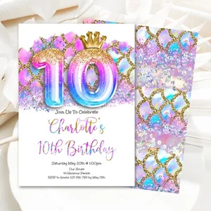 YOU PRINT, Editable 10th Birthday Mermaid Party Invitation Glitter Printable - Picture 1 of 3