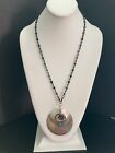 30" Capis Shell Pendant Necklace w/ Rose and Abalone Ring Charms Black SS Chain