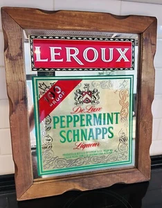 Vintage LEROUX PEPPERMINT SCHNAPPS 100 PROOF LIQUEUR Bar Mirror Sign Wood Frame - Picture 1 of 11