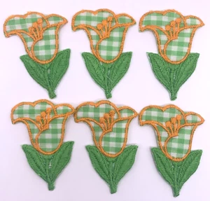 Vtg NOS Applique Tulip Flower Gingham Green 2.5" x 2" Lot of 6 Embroidered Retro - Picture 1 of 4