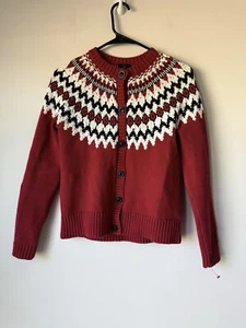 Talbots Nordic Cotton Blend Button Up Cardigan Fair Isle Sweater Size P Red - Picture 1 of 7