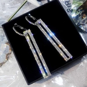 Luxury Women Rectangular Shiny White CZ Slim Face Long Pendant Dangle Earrings - Picture 1 of 4