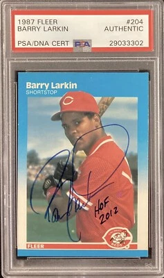 Barry Larkin Signed 1987 Fleer #204 Card Reds Autograph HOF 2012 Inscrip PSA/DNA - Image 1 of 2