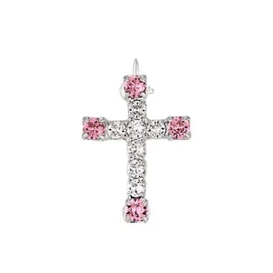 White crystal and pink cross brooch - Picture 1 of 12