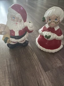 Ceramic Christmas MCM  WINKING SANTA & MRS CLAUS w/ Pearl Finish Naughty Nice - Picture 1 of 10