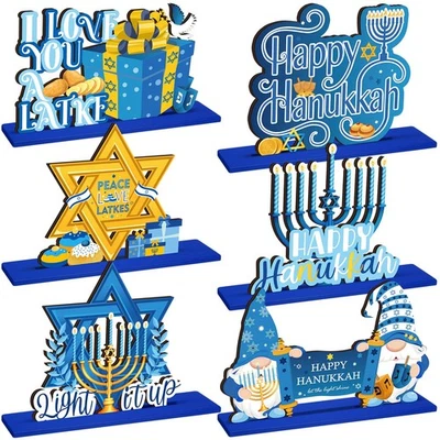 Shellwei 6 Piezas Hanukkah Decoraciones de Mesa Hanukkah Letrero de Mesa de Madera Happy Ha... Foto 1 de 4