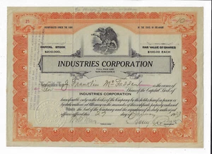 DELAWARE 1923 Industries Corporation Stock Certificate #21 - Picture 1 of 2