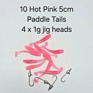 10 Pack Fishing Shad Paddle Tail 5cm Hot Pink with 4 x 1g Jig Heads - Picture 1 of 7