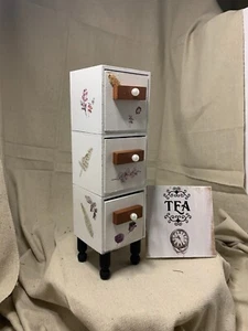 wood Tea time sign 4.5x4.5 Free standing box with three drawers 9.5 x .75 - Picture 1 of 3