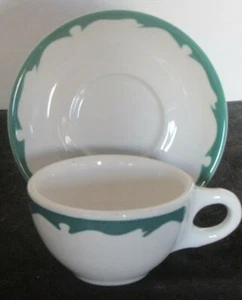 BUFFALO CHINA IRONSTONE RESTAURANT CREST GREEN WAVE PAT CUP & SAUCER (29 AVAIL) - Picture 1 of 4