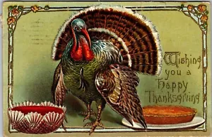 Postcard Thanksgiving Turkey Pumpkin Pie Cranberry Sauce Embossed 1907 J22 - Picture 1 of 2