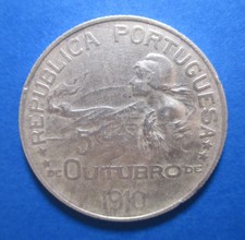 PORTUGAL ESCUDO 1910 SILVER BIRTH OF REPUBLIC KM 560 #7775#