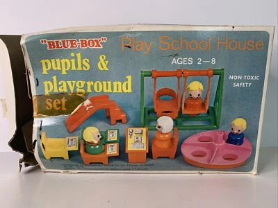 Vintage Blue Box Play School House  Pupils & Playground Set WARDS Fisher Price - Image 1 of 4