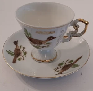 VINTAGE ARIZONA ROAD RUNNER BIRD TEA CUP AND SAUCER PORCELAIN SOUVENOIR - Picture 1 of 6